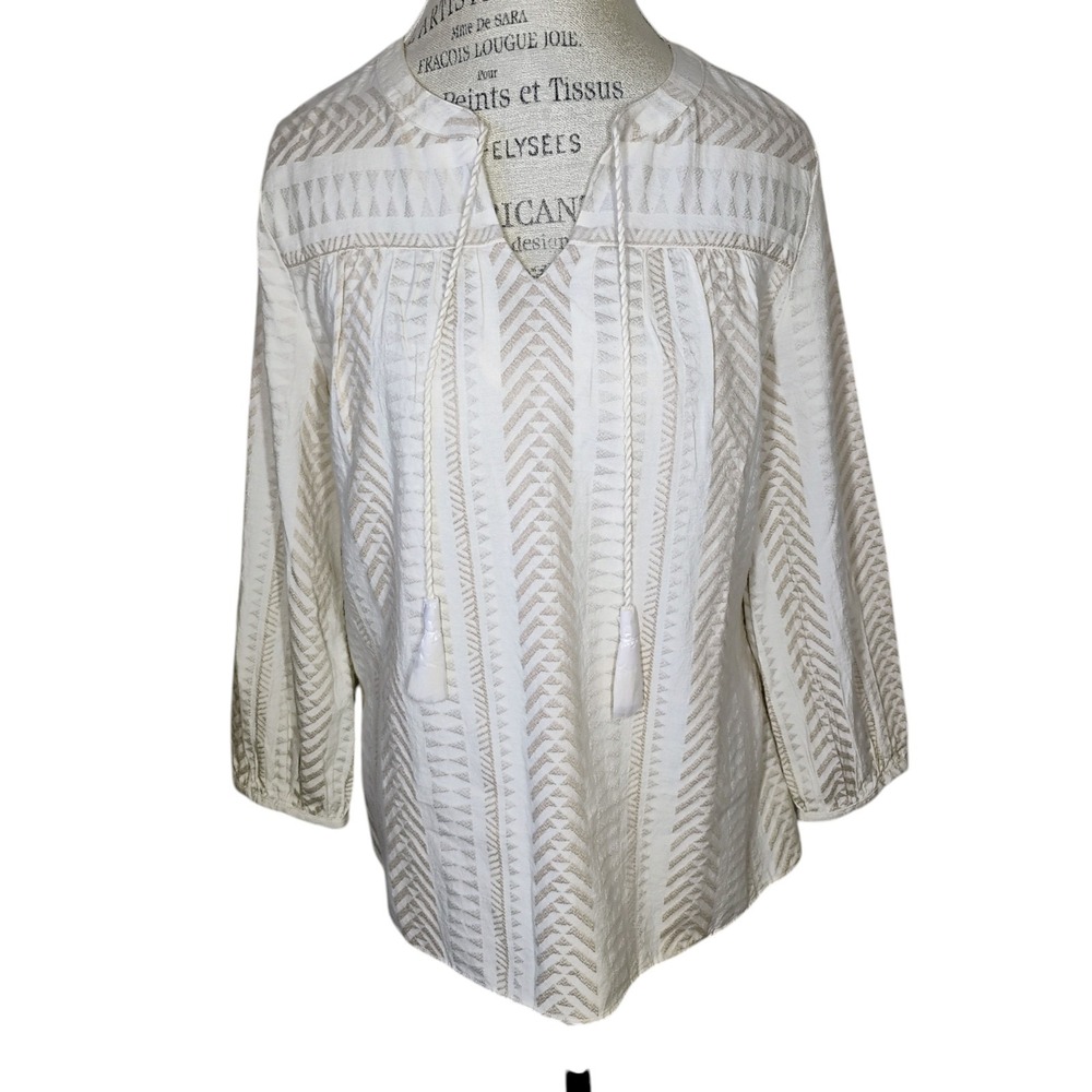 NWT Chico's Ibiza Geometric Tassel Soft Popover Top Women Med Contemporary Taupe